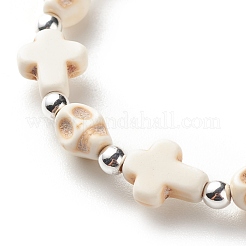 Synthetisches türkisfarbenes (gefärbtes) Stretch-Armband mit Kreuz und Totenkopfperlen&nbsp;BJEW-JB08449-01