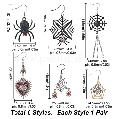 6 Paar 6 Stile Halloween Spinnennetz & Herz mit bösem Blick Legierung Emaille baumeln Ohrringe für Frauen&nbsp;EJEW-SC0001-37