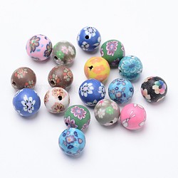 Handmade Flower Pattern Polymer Clay Beads, Round, Mixed Color, 9~10mm, Hole: 1~2mm