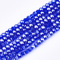 Abalorios de vidrio electroplate hebras, lustre de la perla chapado, facetados, rerondana plana, azul medio, 2.5~3x2~2.5mm, agujero: 0.6 mm, aproximamente 196 pcs / cadena, 19 pulgada