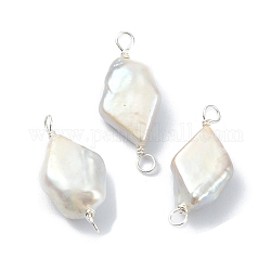 Perle baroque naturelle perle keshi fil de cuivre enroulé breloques connecteur, maillons losanges de perles d'eau douce de culture, couleur d'argent, 24~28x9~11.5x4.5~6mm, Trou: 3mm