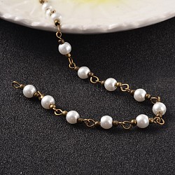 Runde handgemachte Glasperlen Perlenketten, ungeschweißte, mit Messing-Zubehör, Antik Bronze, weiß, 6 mm, ca. 60 Stk. / Strang, 39.3 Zoll