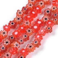Chapelets de perle de millefiori en verre manuelles, fleur, rouge, 3.7~5.6x2.6mm, Trou: 1mm, Environ 88~110 pcs/chapelet, 15.75'' (40 cm)