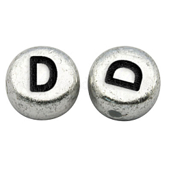 Perles de lettre à trou horizontal acrylique plaqué couleur argent, plat rond, letter.d, 7x3.5mm, Trou: 1mm, environ 237 pcs/33 g