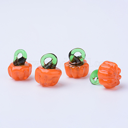 Autumn Theme Handmade Lampwork Pendants, Pumpkin, Dark Orange, 14~16x11~12x11~12.5mm, Hole: 1.5~3.5mm