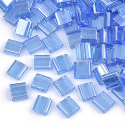Cuentas de semillas de vidrio transparente de 2 orificio, Abrillantado, Rectángulo, azul aciano, 5x4.5~5.5x2~2.5mm, agujero: 0.5~0.8 mm