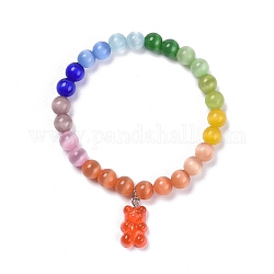 Bear Resin Stretch Charm Bracelets, with Round Cat Eye Beads, Orange Red, Inner Diameter: 2-1/8 inch(5.5cm)