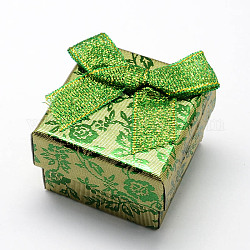 Square Cardboard Ring Boxes, with Bowknot Outside and Sponge Inside, Lawn Green, 43x43x32mm
