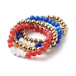 Round Imitation Gemstone & Plating Beads Stretch Bracelet Sets,  Word Love Acrylic & CCB Plastic Beads Bracelets for Valentine's Day, Red, Inner Diameter: 2-3/8 inch(6cm), 4Pcs/set