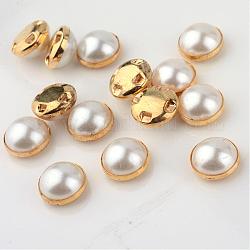 ABS Kunststoff Nachahmung Perlenschaft Knöpfe, Halbrund, mit Messing-Zubehör, golden, creme-weiß, 10~10.5x6~6.5 mm, Bohrung: 1 mm