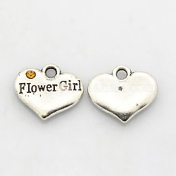 Wedding Party Supply Antique Silver Alloy Rhinestone Heart Carved Word Flower Girl Wedding Family Charms, Cadmium Free & Lead Free, Topaz, 13.5x16x3mm, Hole: 2.5mm