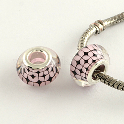 Large Hole Grid Pattern Acrylic European Beads, with Platinum Tone Brass Double Cores, Rondelle, Pink, 14x9mm, Hole: 5mm
