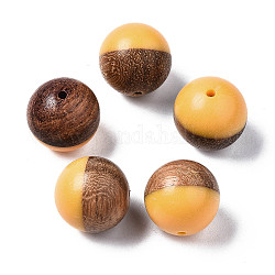 Resin & Walnut Wood Beads, Two Tone, Round, Gold, 15~15.5mm, Hole: 1.6mm