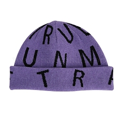 Bonnet à revers en fil de fibre de polyacrylonitrile, Bonnet en tricot chaud d'hiver à motif de mots pour femmes, support violet, 560~580mm