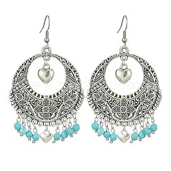Dyed Natural Howlite Beaded Chandelier Earrings, Alloy Flat Flat Round Earrings with 304 Stainless Steel Pins, Blue, 73.5x43mm