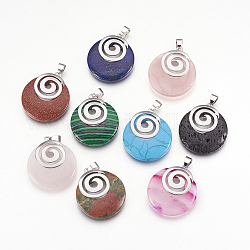 Natural & Synthetic Gemstone Pendants, with Platinum Tone Brass Findings, Flat Round, 32x28x6mm, Hole: 4x5mm