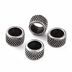 304 Stainless Steel European Beads, Large Hole Beads, Column with Polka Dot, Antique Silver, 12x7.4mm, Hole: 8.4mm