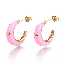 Brass Enamel Stud Earrings, Half Hoop Earrings, with Ear Nuts, Nickel Free, Double Horn/Crescent Moon with Star, Real 16K Gold Plated, Pearl Pink, 19x5.5mm, Pin: 0.8mm