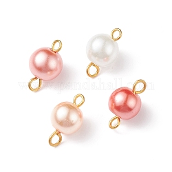 Glass Imitation Pearl Connector Charms, with Golden Plated Double Iron Loops, Round, Light Salmon, 14x7.5mm, Hole: 1.8mm and 2.5mm