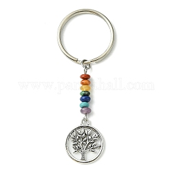 Alloy Tree of Life Pendant Keychain, with Chakra Gemstone Bead and Iron Split Key Rings, Flat Round, 6.8cm, Pendant: 19.5x16.5x1.2mm