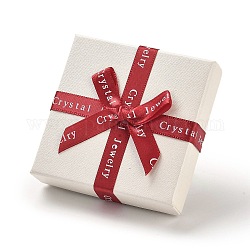 Paarring-Verpackungsboxen aus Pappe, Schmuck-Geschenketui mit Schwamm innen für Ringe, quadratisch mit Schleife aus Schamottstein, Blumenweiß, 7.45x7.5x2.2~2.65 cm