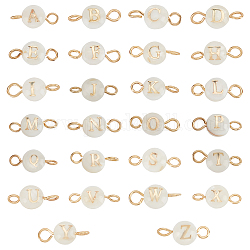 PandaHall Elite 1 Set 26 Styles Natural Freshwater Shell Beads Connector Charms, with Golden Tone 304 Stainless Steel Double Loops, Flat Round with Letter A~Z, Seashell Color, 12x5.5x3.5mm, Hole: 2~2.5mm, 1pc/style, 26pcs/set