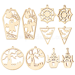 Beebeecraft 10Pcs 5 Styles Halloween Charms 18K Gold Plated Spider Web Bats Ghost Castles Scary Trees Pendant Charms Halloween Jewelry Crafting Supplies for DIY Necklace Bracelet