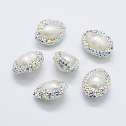 Culture des perles perles d'eau douce naturelles, avec strass en pâte polymère, ovale, blanc, 16~19x14~15x9~10mm, Trou: 0.5mm
