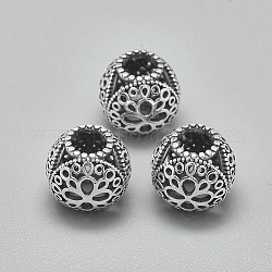 925 Sterling Silber European Beads, Großloch perlen, hohl, Runde mit Blume, Antik Silber Farbe, 10.5 mm, Bohrung: 4.5 mm