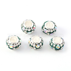 Argile à la main en strass polymère perles européennes, Perles avec un grand trou   , avec noyau en laiton couleur argent, rondelle, vert foncé, 11x7.5mm, Trou: 5mm