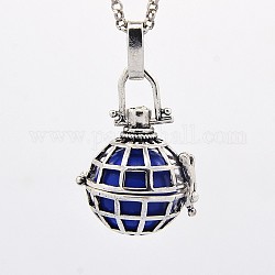 Antique Silver Tone Grid Brass Cage Pendants, Chime Ball Pendants, with Brass Spray Painted Bell Beads, Blue, 25x23x19mm, Hole: 3x5mm