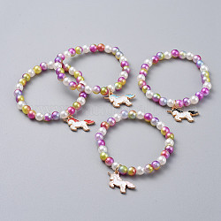Acrylic & ABS Plastic Imitation Pearl Beads Stretch Bracelets, with Alloy Enamel Pendants, Unicorn, Light Gold, Mixed Color, 1-5/8 inch(4.3cm)