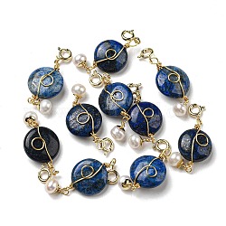 Decorazioni pendenti rotonde piatte in lapislazzuli naturali, ornamento di perle d'acqua dolce naturali con fermagli ad anello a molla in ottone, vero placcato oro 14k, 39mm, Foro: 3 mm