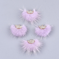 Décorations pendantes de pompon en fausse fourrure de vison, avec strass et les accessoires en alliage, fan, or, violette, 24~28x29~34x8mm, Trou: 1.5mm
