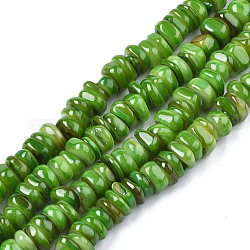 Natürliche Trochidschale / Trochusschalenperlenstränge, gefärbt, Flachrund, lime green, 5~10x1~7 mm, Bohrung: 1 mm, ca. 94 Stk. / Strang, 14.96'' (38 cm)