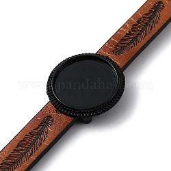 Ajustes de pulsera de eslabones redondos planos de aleación aptos para cabujones, con cordones de cuero pu con patrón de plumas, negro, 8 pulgada (20.3 cm), Bandeja: 18x18 mm