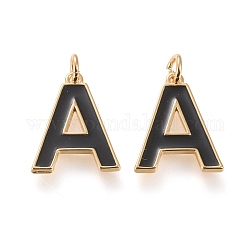 Brass Enamel Pendants, with Jump Ring, Long-Lasting Plated, Real 18K Gold Plated, Letter.A, Black, Letter.A, A: 18x14x1.8mm, Jump Rings: Inner Diameter: 3mm