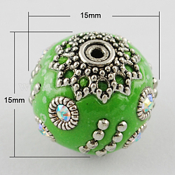 Handmade Indonesia Beads, with Alloy Cores, Round, Lime Green, Antique Silver, 15x15x15mm, Hole: 1mm