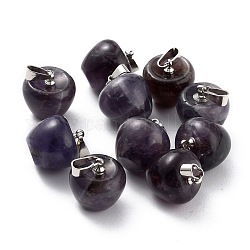 Natural Amethyst Pendants, with Platinum Brass Loops, Apple, 14~15x14x14mm, Hole: 6x3mm