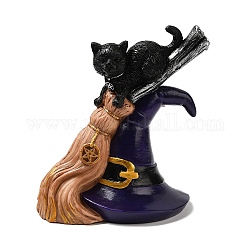 Gatto stregato in resina con ornamento statuina scopa, per la decorazione della scrivania di casa della festa di Halloween, nero, 115x88x135mm