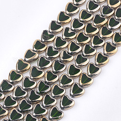 FilI di perline in vetro placcato, bordo placcato, cuore, verde scuro, 10x10x4mm, Foro: 1 mm, circa 30pcs/filo, 11.4 pollice