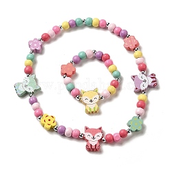 Ensemble de bijoux en bois d'érable et acrylique, collier de perles et bracelet extensible pour enfants, fox, bracelet : diamètre intérieur : 1-5/8 pouce (4 cm), collier : 15-3/8 pouce (39.2 cm)