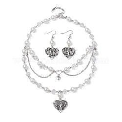 Conjunto de joyas de corazón de aleación de estilo tibetano, Pendientes colgantes de perlas de vidrio y 304 collar tipo babero con cadena de acero inoxidable, plata antigua, 340mm, 49.5x22mm