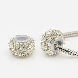 Perles européennes en résine avec strass, Perles avec un grand trou   , rondelle, de couleur métal platine , cristal, 15x10mm, Trou: 5mm
