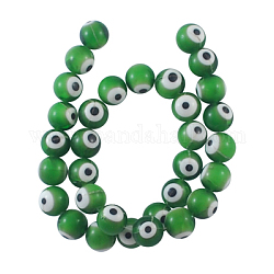 Chapelets de perles de Murano italiennes manuelles, style mauvais œil, ronde, verte, environ 12 mm de diamètre, Trou: 2mm, Environ 31 pcs/chapelet, 14 pouce