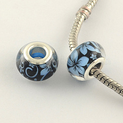 Large Hole Flower Pattern Resin European Beads, with Silver Color Plated Brass Double Cores, Rondelle, Light Sky Blue, 14x9mm, Hole: 5mm