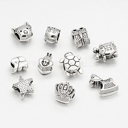 Tibetan Style Alloy Large Hole European Beads, Mixed Shape, Antique Silver, 8~16x8~14x7~10mm, Hole: 3~5mm, about 38pcs/100g