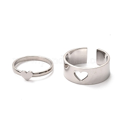 304 Stainless Steel Finger Rings Sets, Wide Band Cuff Rings and Finger Rings, Couple Rings for Valentine's Day, Heart, Stainless Steel Color, US Size 6 3/4(17.1mm), US Size 9 1/4(19.1mm), 2pcs/set