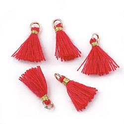 Polycotton(Polyester Cotton) Tassel Pendant Decorations, Mini Tassel, with Iron Findings and Metallic Cord, Light Gold, Red, 10~15x2~3mm, Hole: 1.5mm