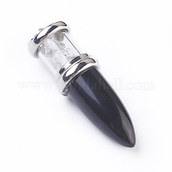 Gros pendentifs en obsidienne naturelles, avec les accessoires en laiton de tonalité de platine, balle, 50~53x16~17mm, Trou: 5x7~8mm